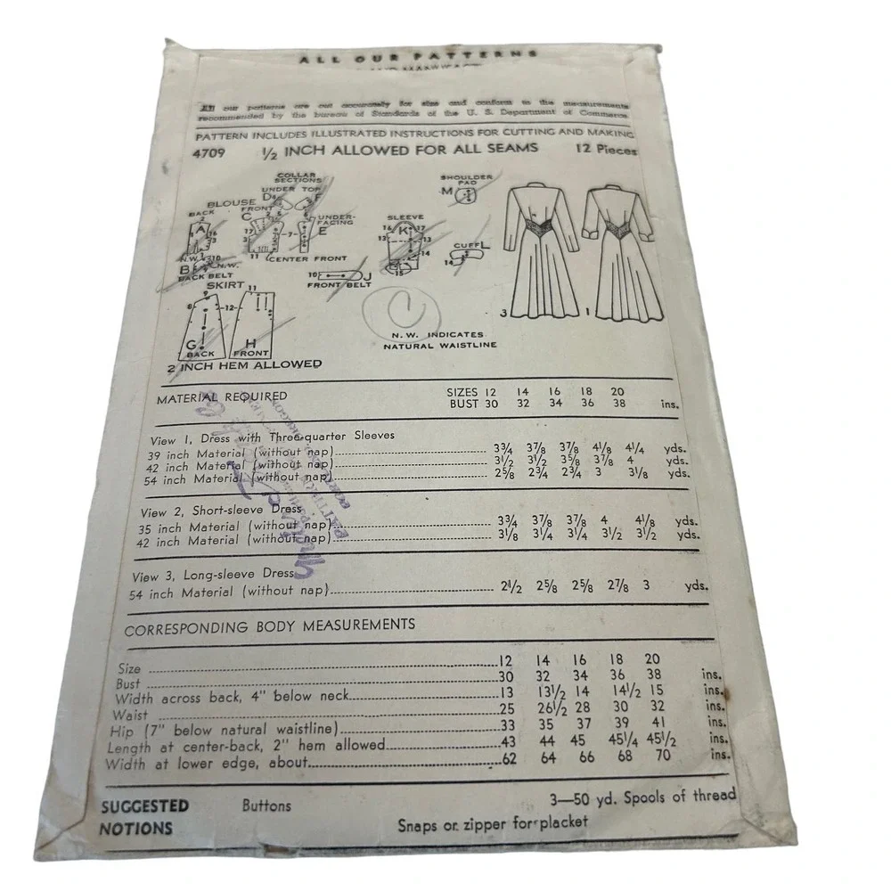 Advance Vintage 1940's Pattern #4709‎ Women's Dress Size 12